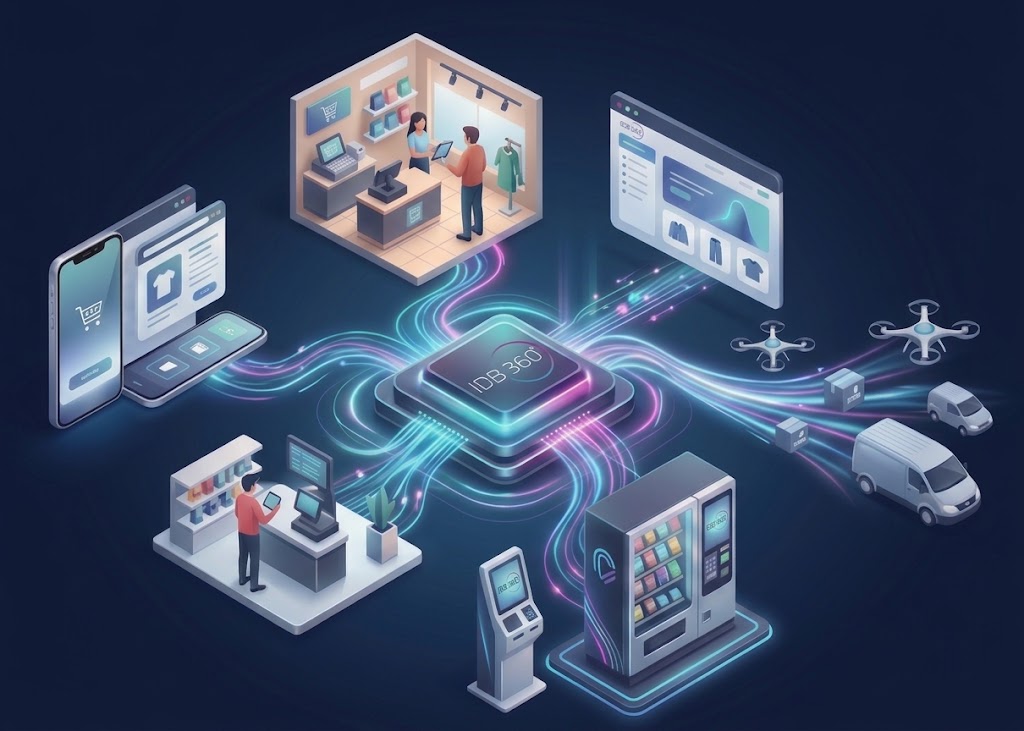 Canais de venda conectados ao núcleo IDBCONNECT: E-commerce, Loja do Consultor, APP, PDV, Vending Machines e Comércio Autônomo