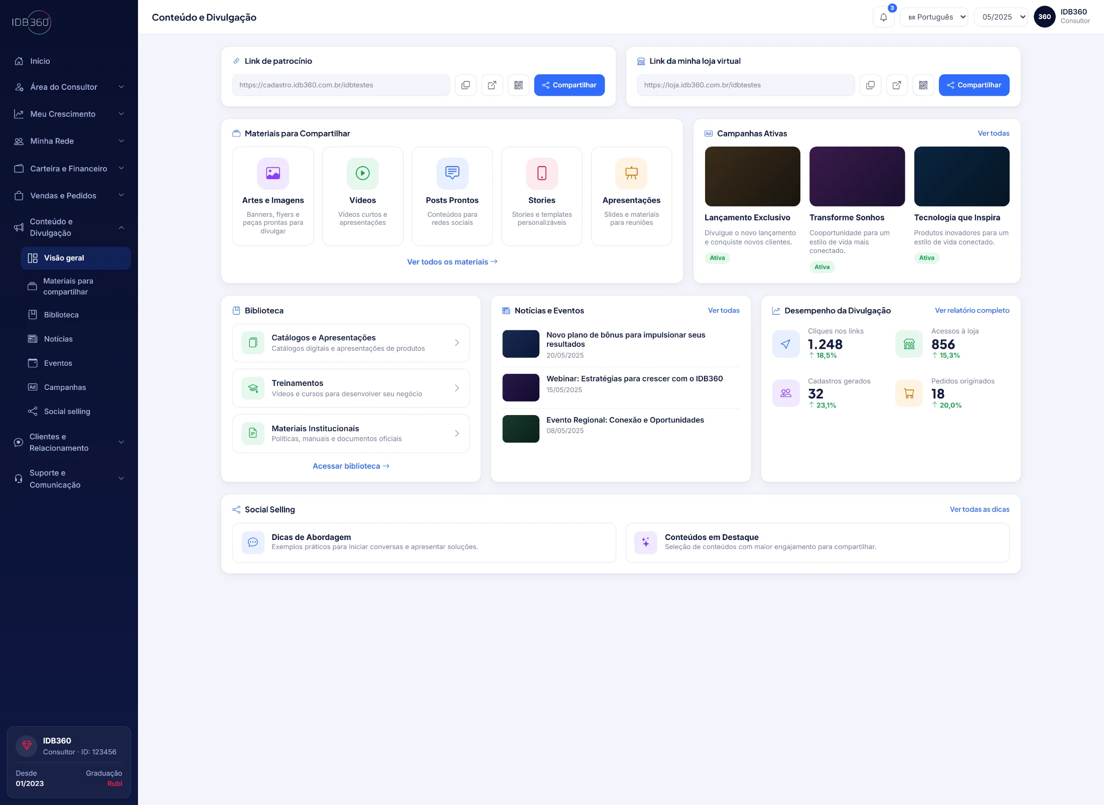 Tela de Conteúdo e Divulgação do Escritório Virtual com materiais, campanhas e biblioteca
