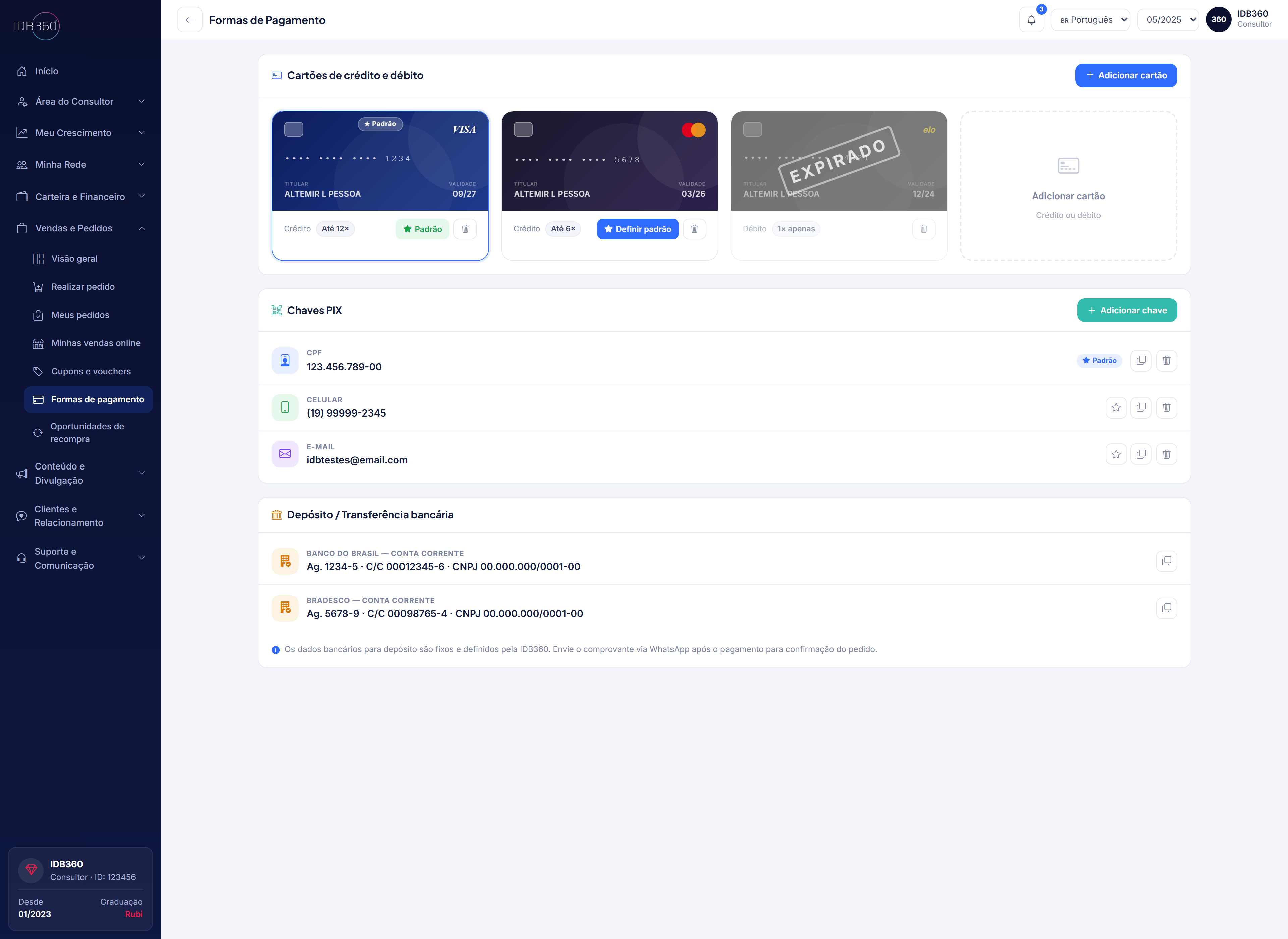 Formas de pagamento na IDBCONNECT