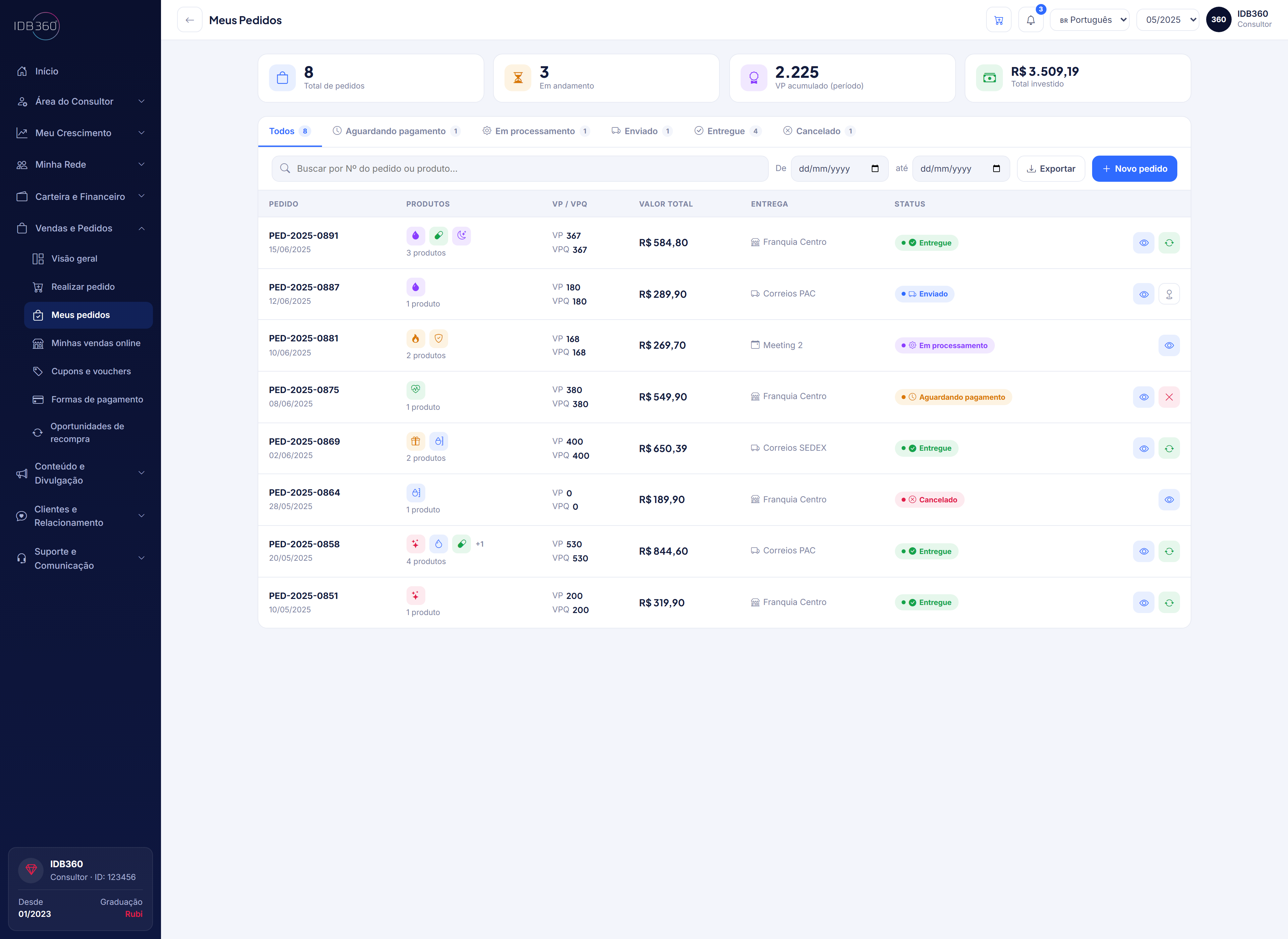 Pedidos consolidados na IDBCONNECT