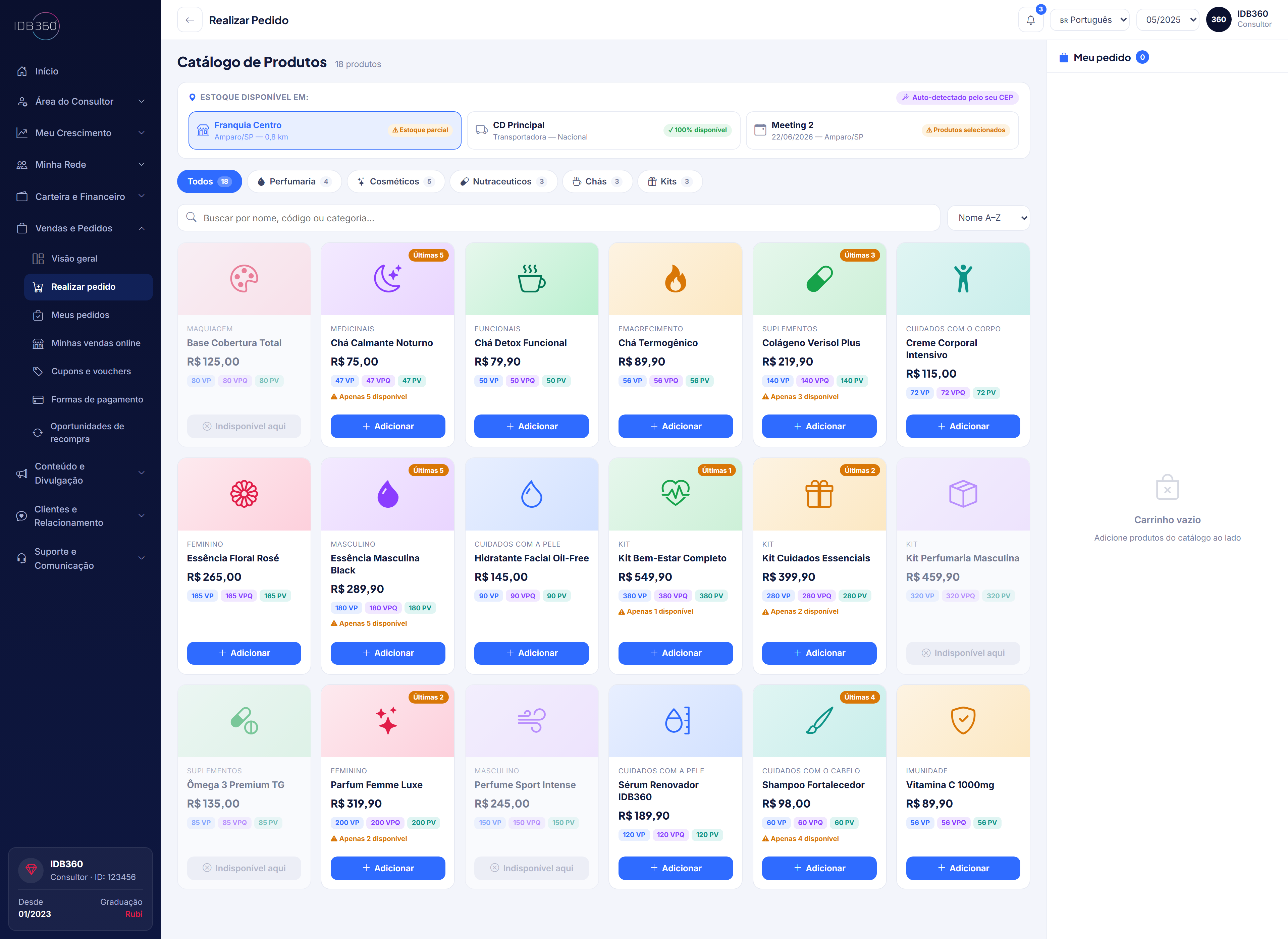 Loja e pedidos do consultor na IDBCONNECT