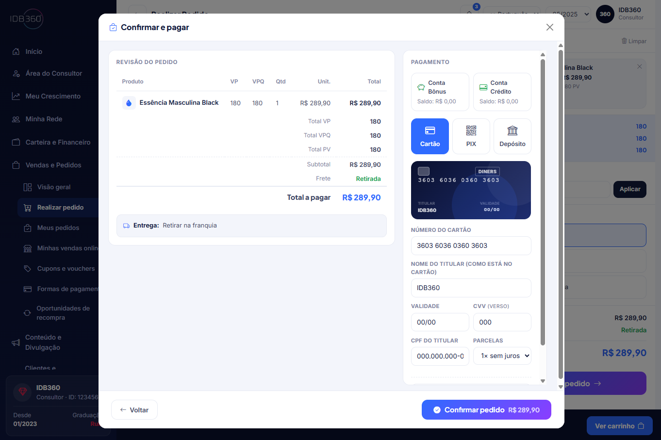 Tela de pagamento do checkout da IDBCONNECT com status transacionais.