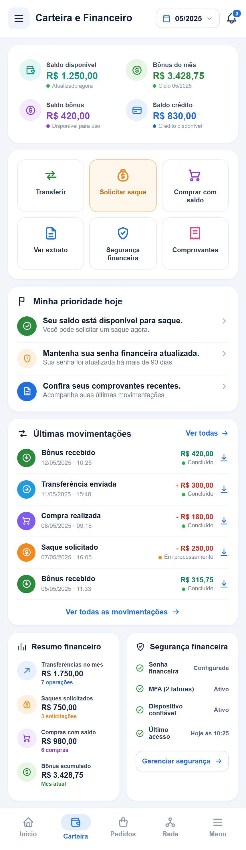 Recorte da tela Carteira e Financeiro
