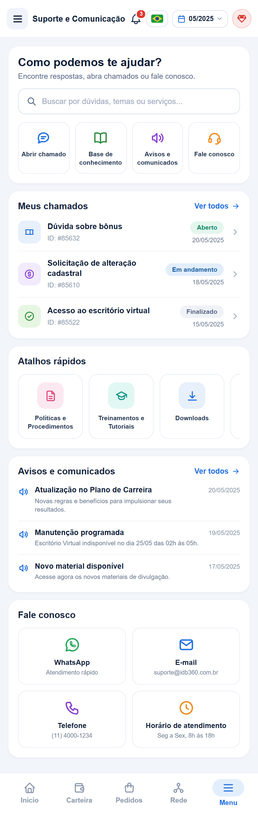 Recorte da tela Suporte e Comunicação