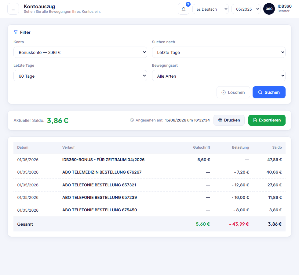 Finanzieller Kontoauszug in IDBCONNECT