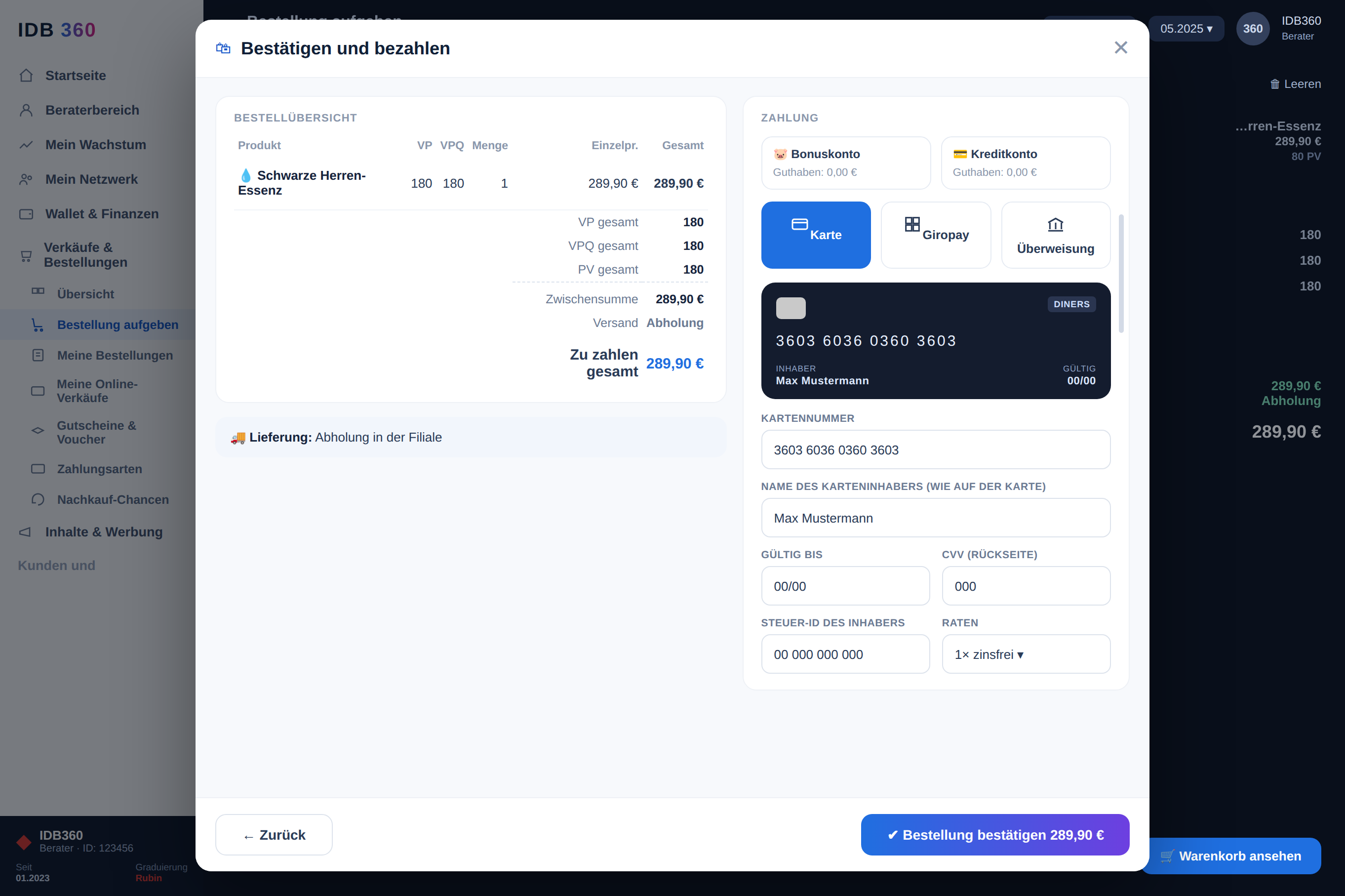 Prüfung und Zahlung der Bestellung in IDBCONNECT