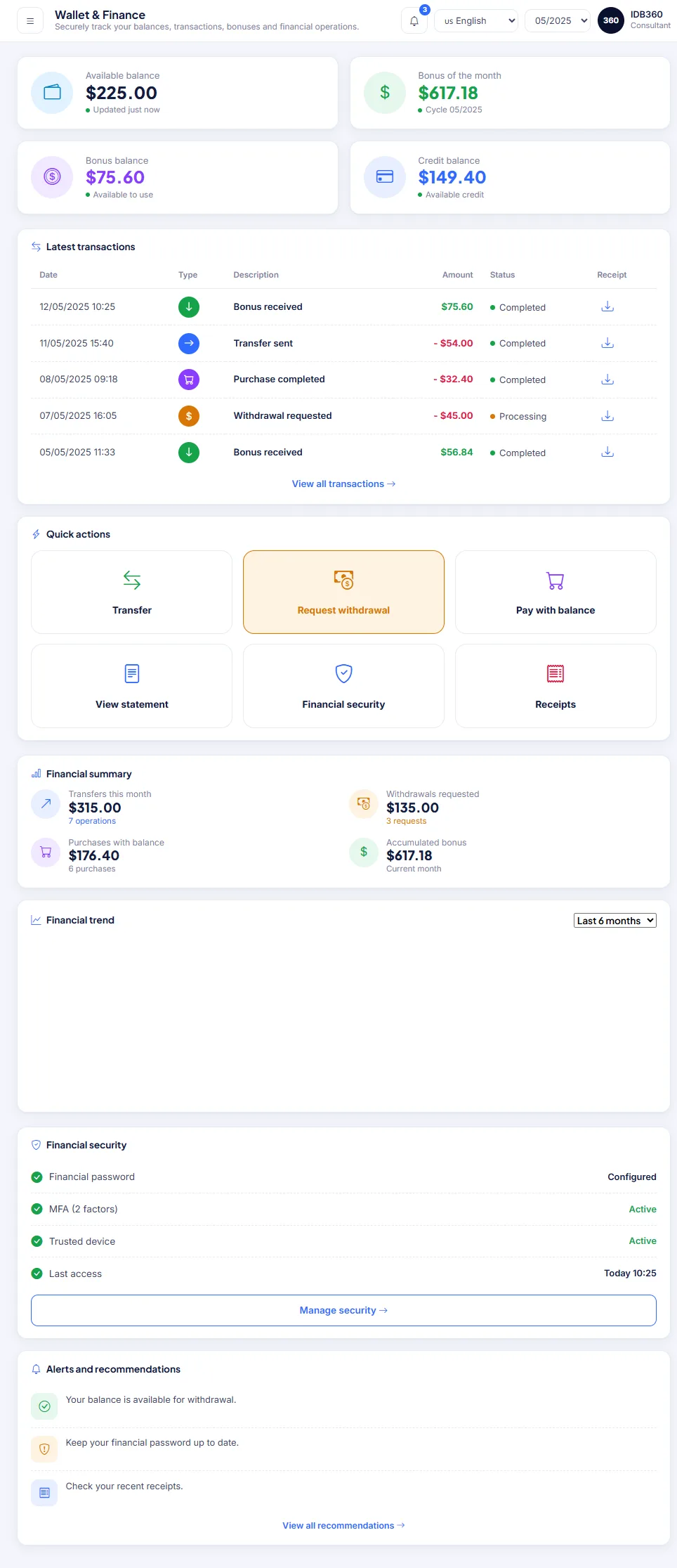 Wallet and finance in IDBCONNECT