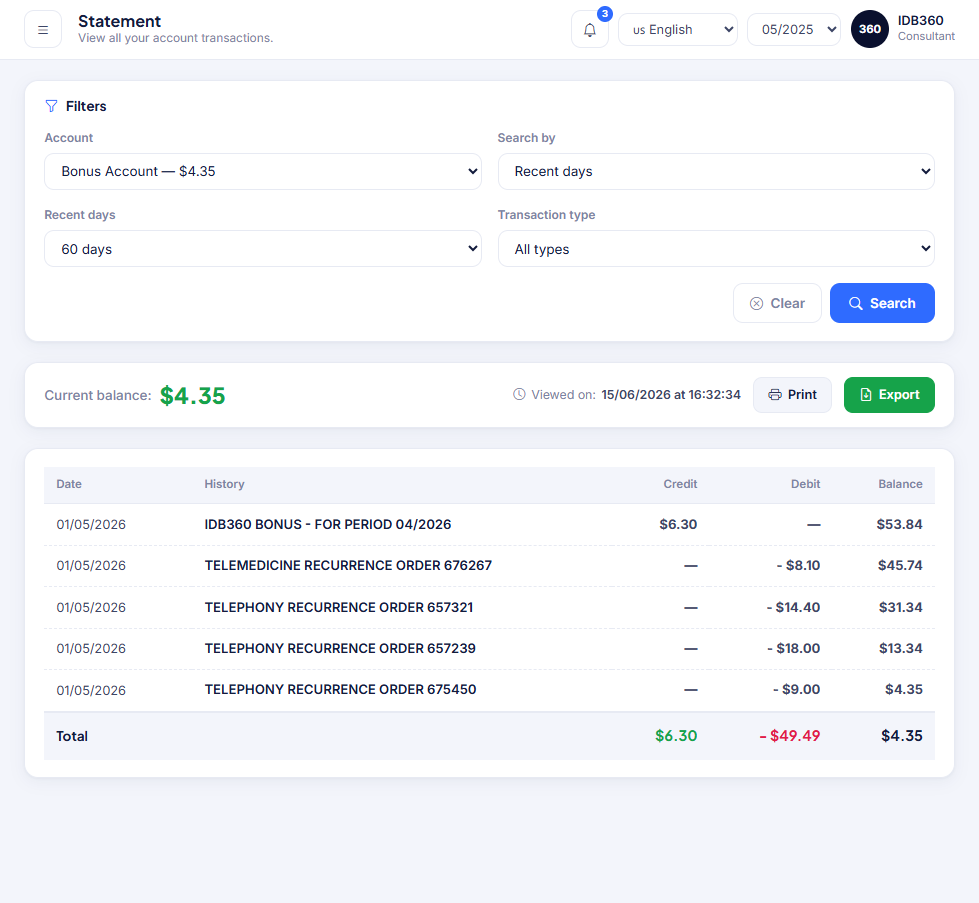 Financial statement in IDBCONNECT