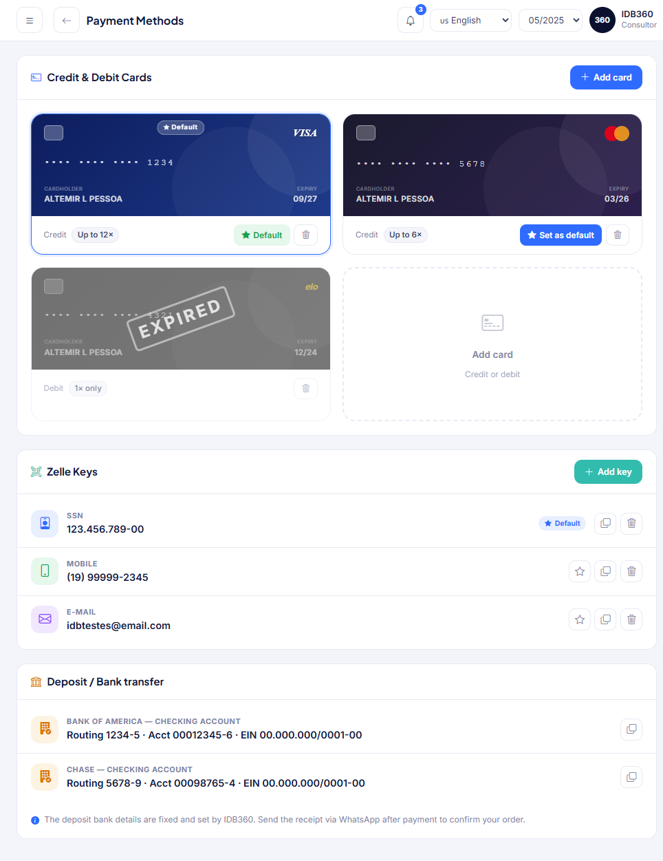 Payment methods on IDBCONNECT