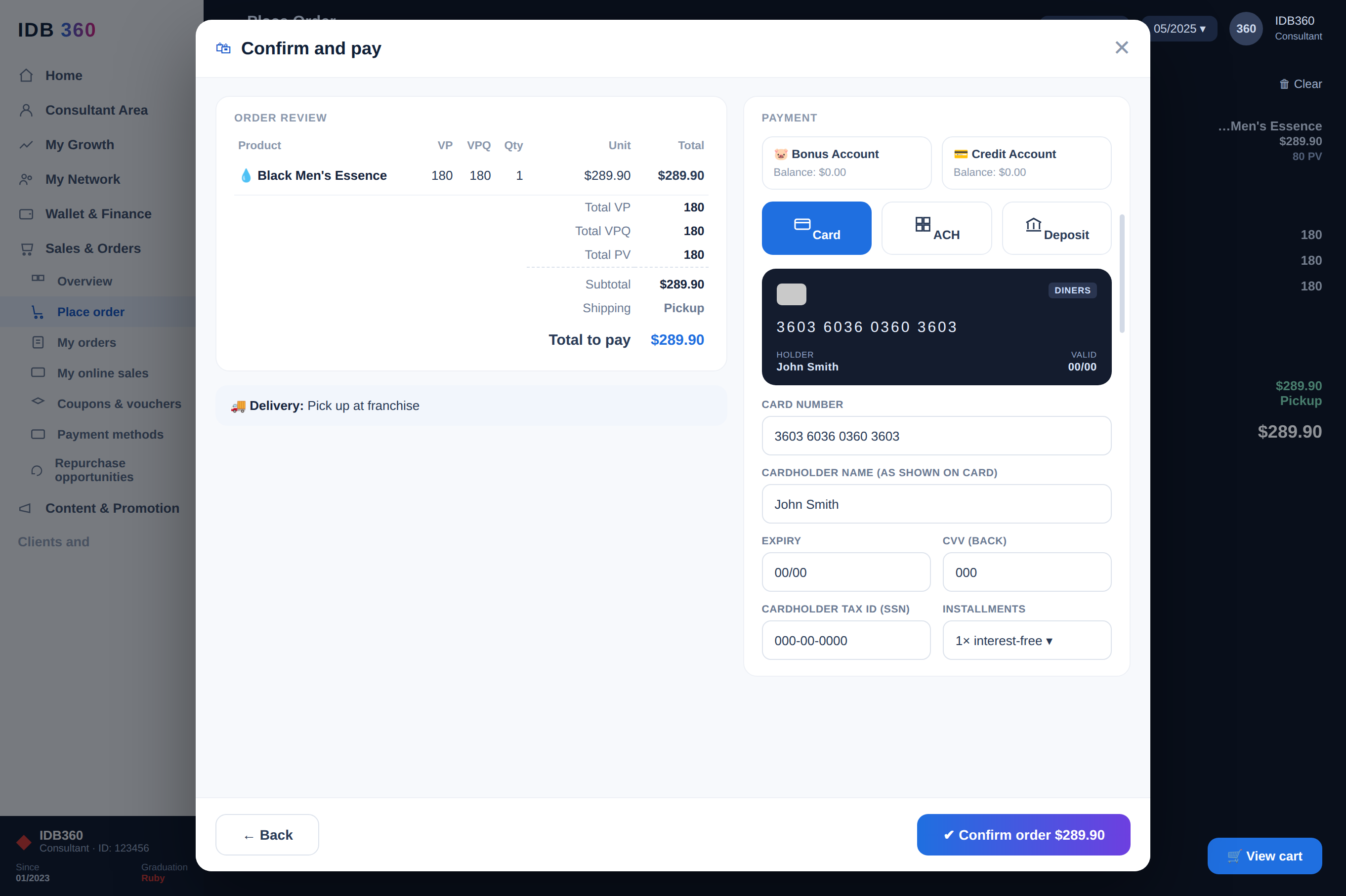Order review and payment in IDBCONNECT