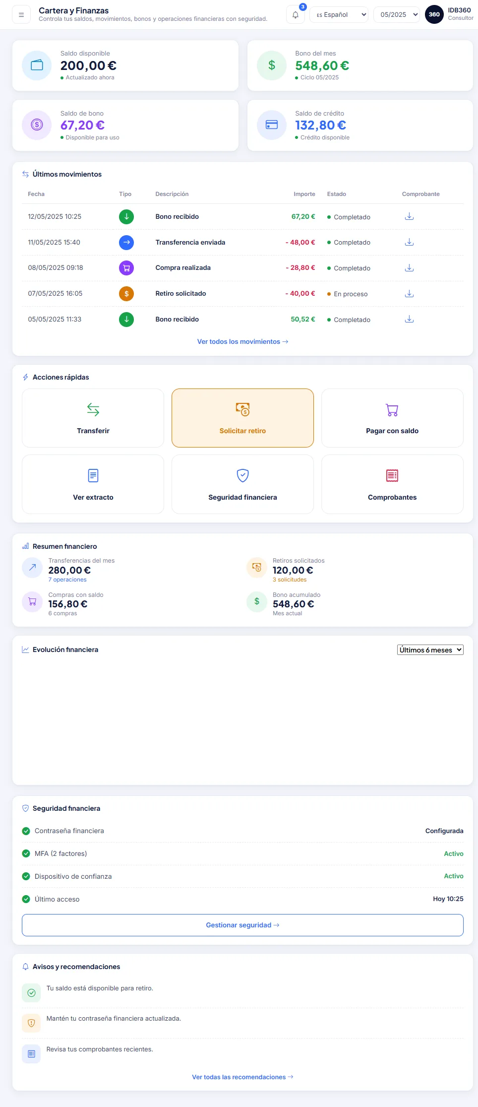 Pantalla financiera de IDBCONNECT.