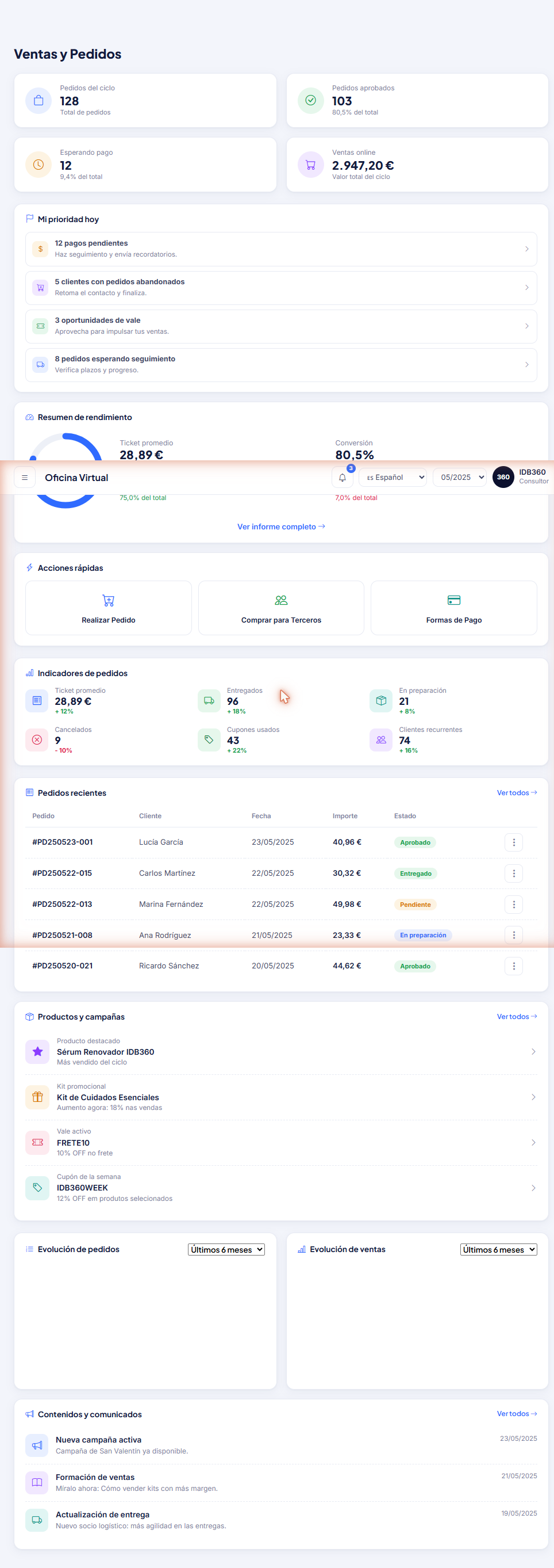 Pantalla de pedidos de IDBCONNECT.