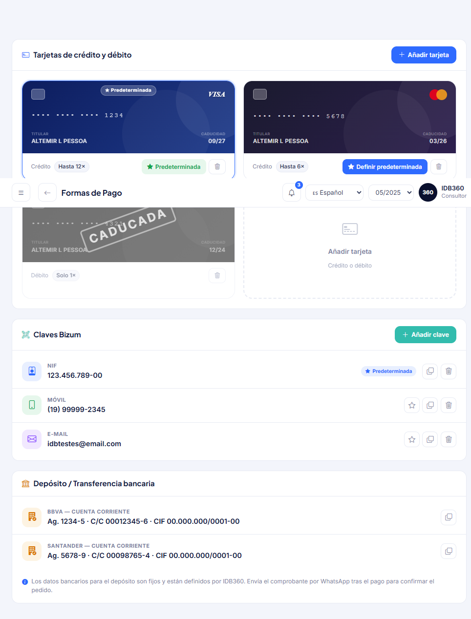 Medios de pago en IDBCONNECT