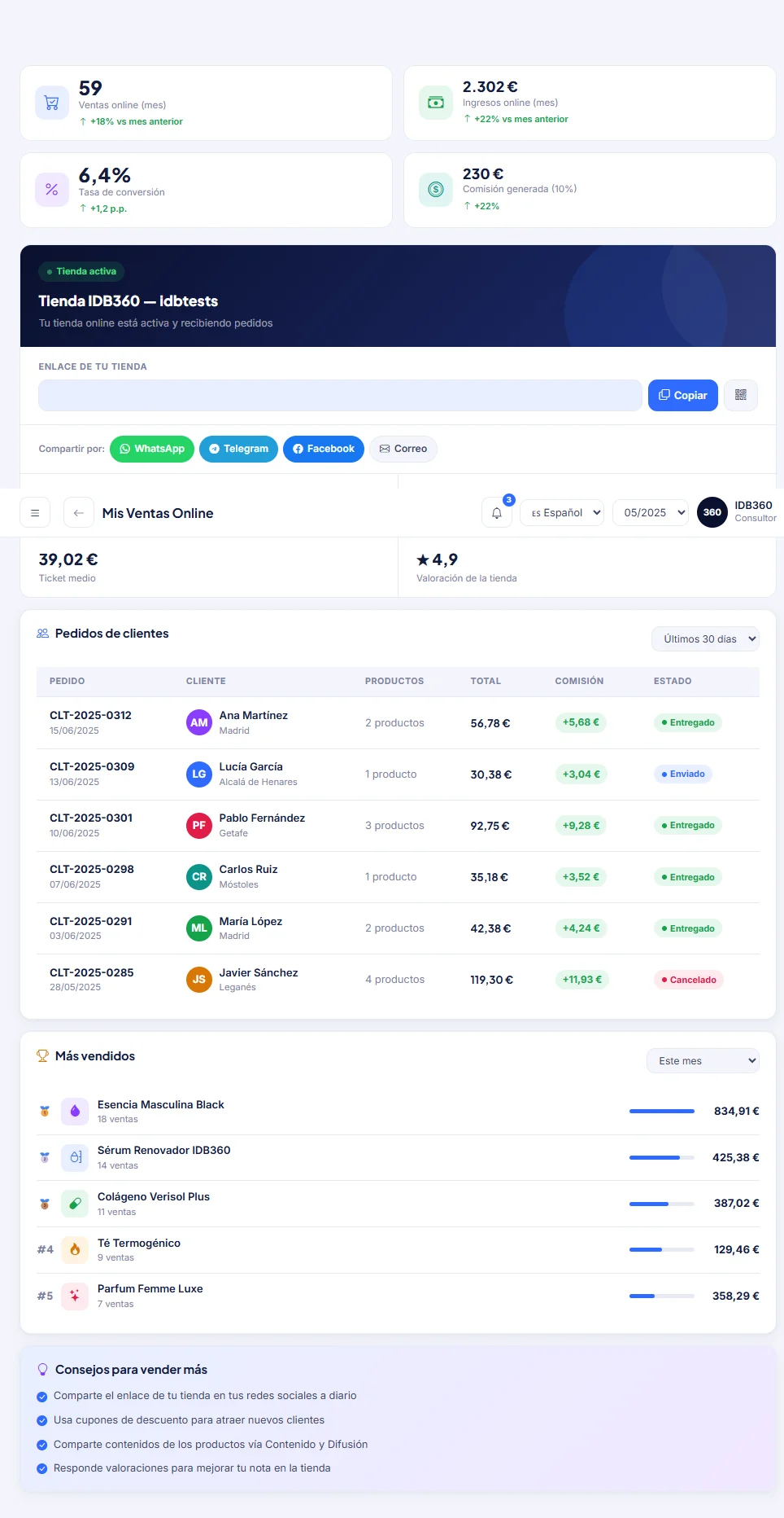 Ventas en línea y compartición en redes sociales en IDBCONNECT