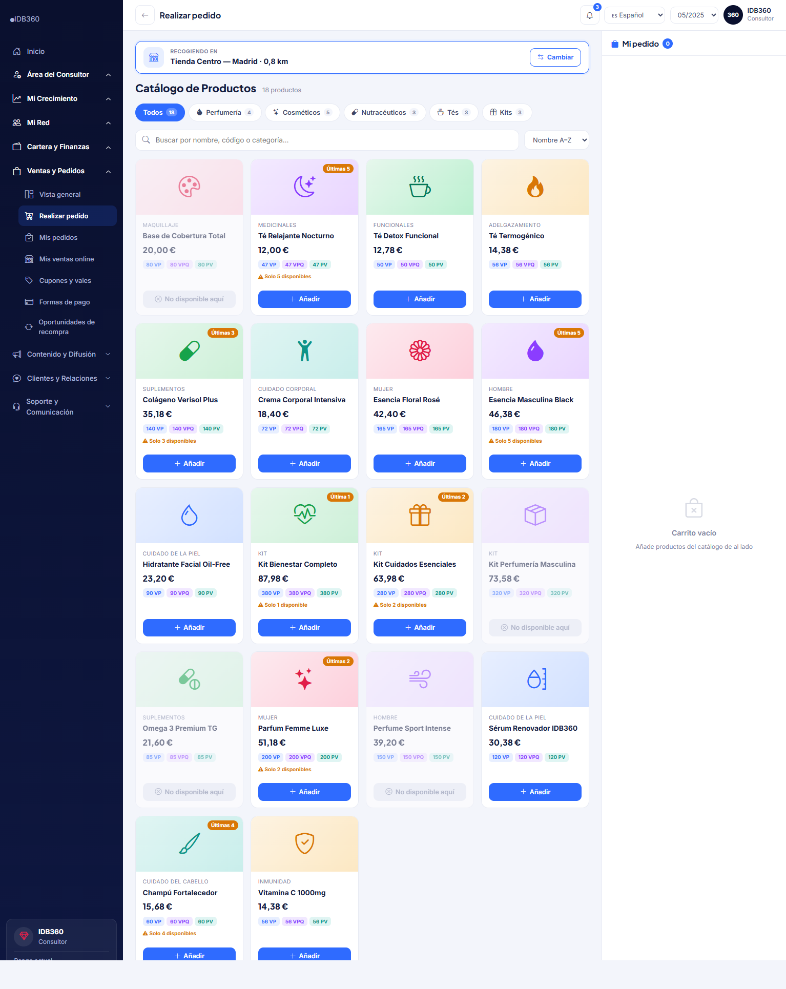 Catálogo y pedido en IDBCONNECT