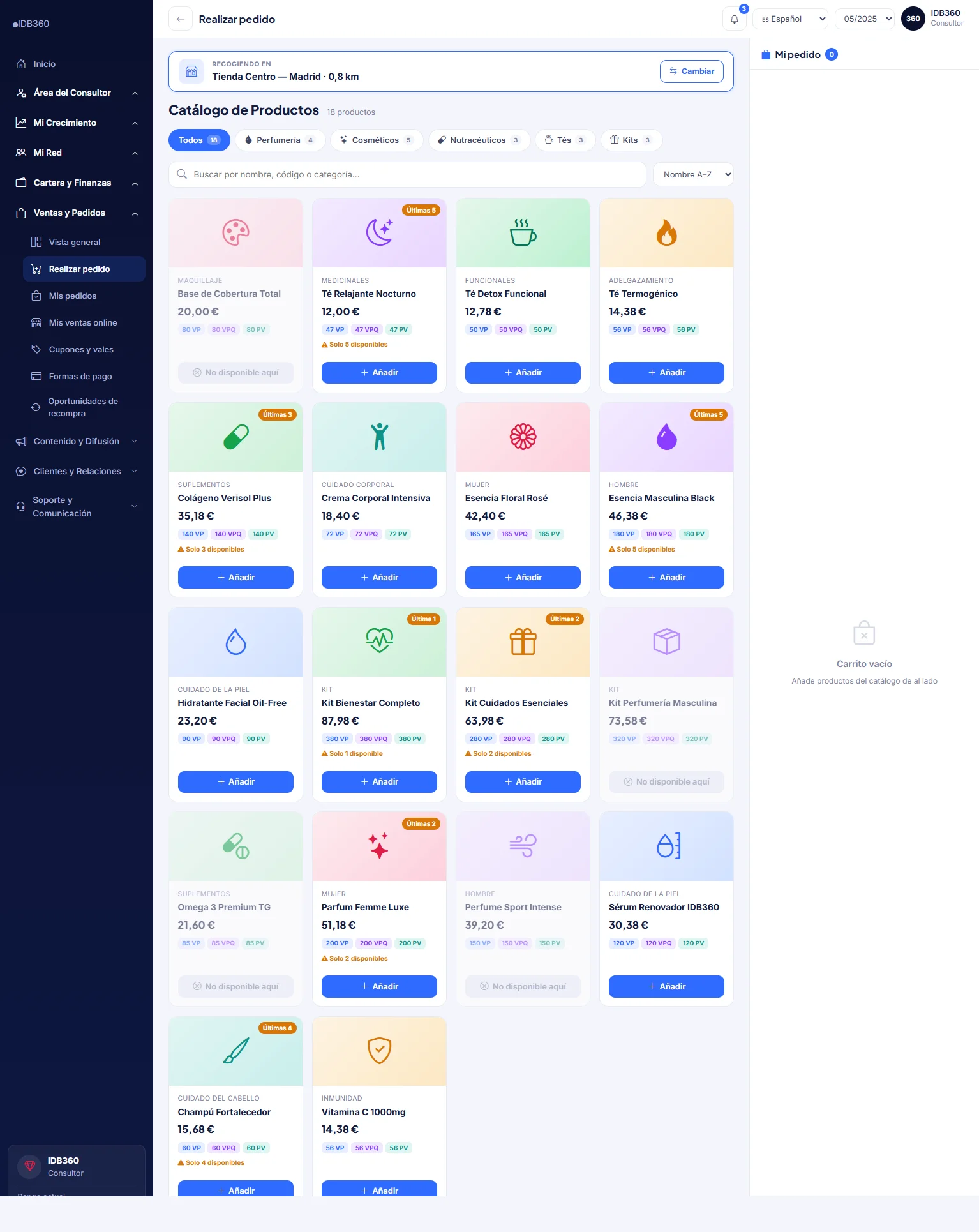 Tienda y pedidos del consultor en IDBCONNECT