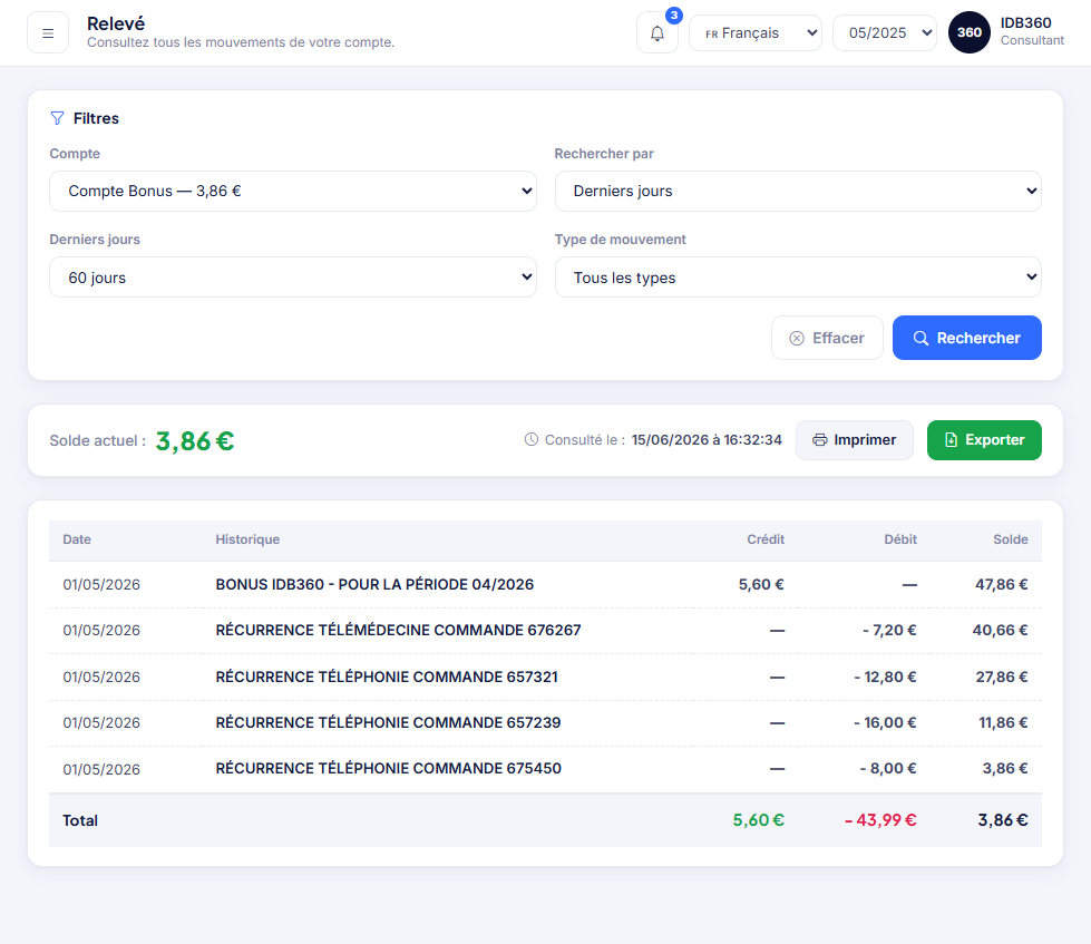 Relevé financier dans IDBCONNECT