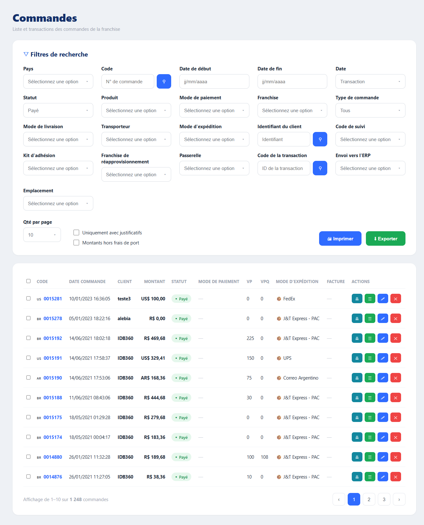 Écran d'IDBCONNECT avec liste des commandes, filtres administratifs, statut de paiement, gateway et code de la transaction
