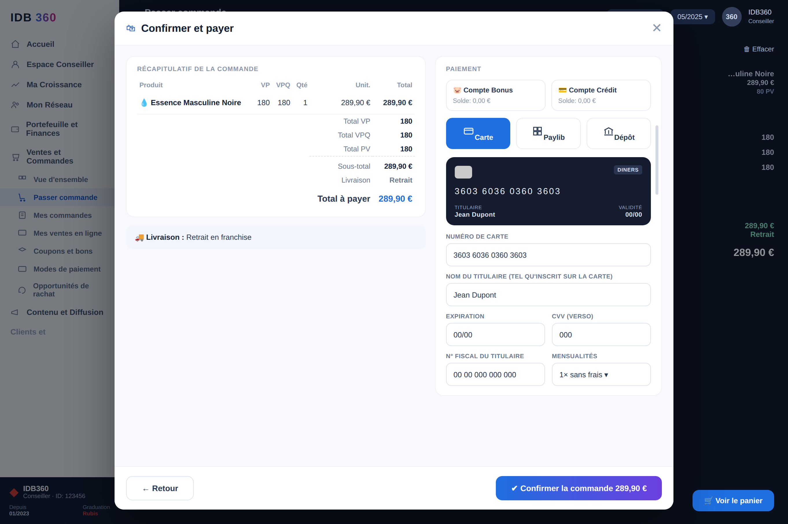 Révision et paiement de la commande sur IDBCONNECT